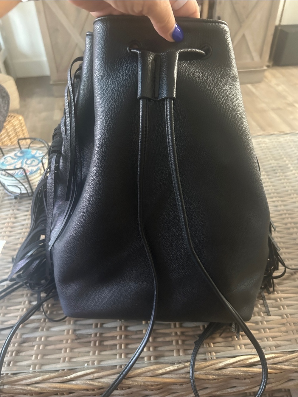 Victoria's Secret Black Fringe Drawstring Backpack - Picture 3 of 7